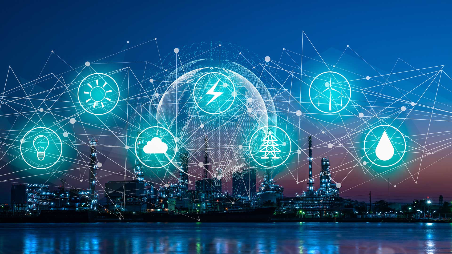 Connected services on a city backdrop.
